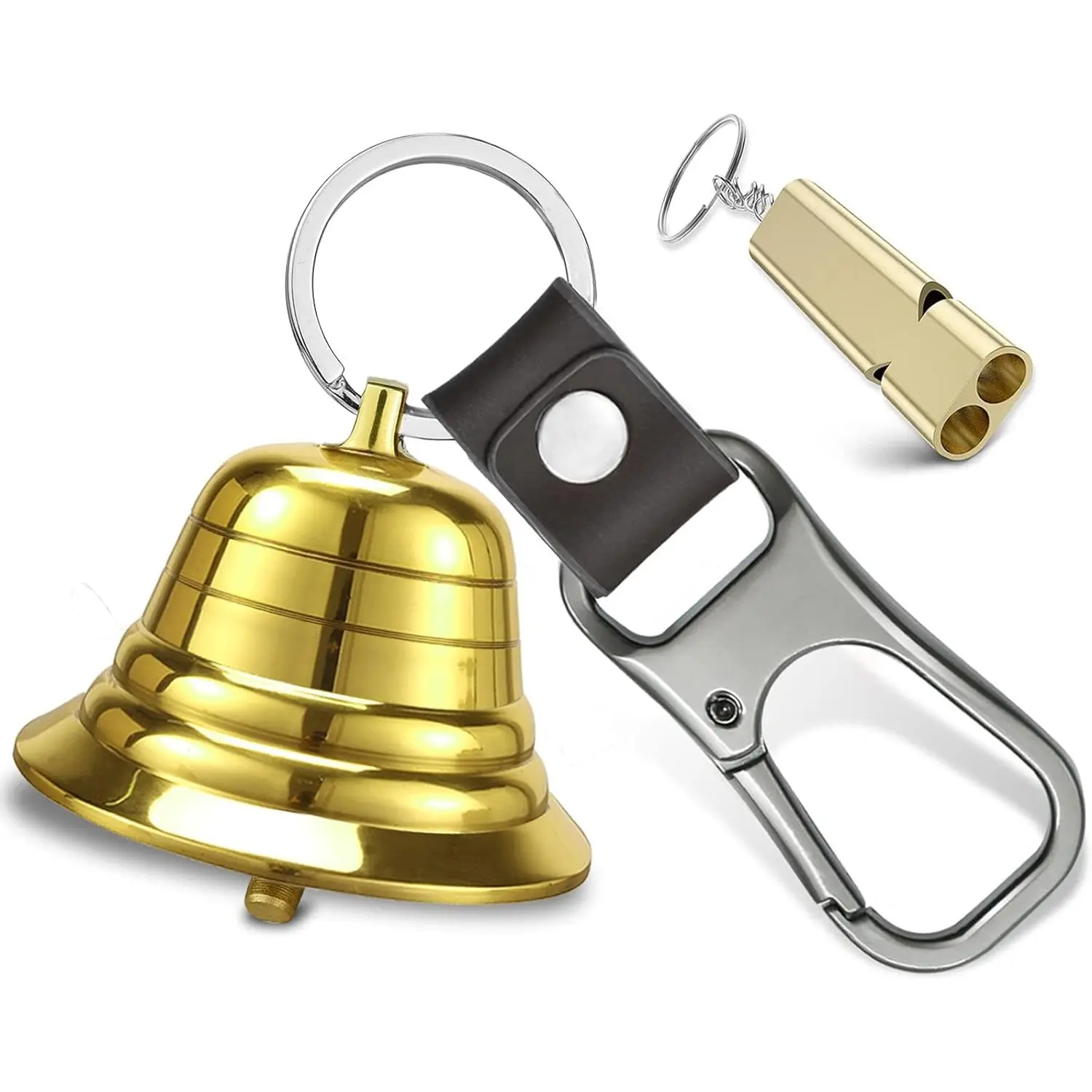 2-in Solid Brass Bear Bells with Whistle Set - 3-in-1 Outdoor Gear with Silencer, Alarm, Carabiner for Hikers, Scaring Away Bears, Scare Away Bears