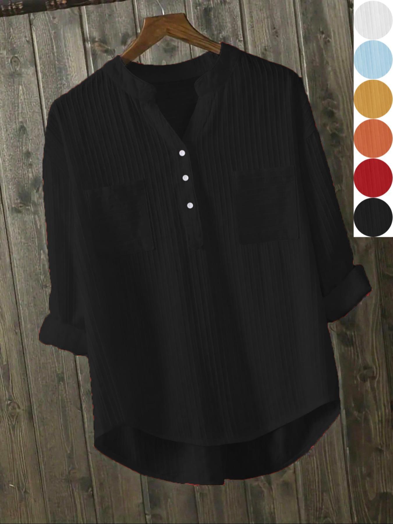Women's Plain Button-Front High-Low Hem Shirt, Blouse, Casual Long-Sleeve Notched Neck Top for Daily Wear, Ladies Clothes for All Seasons