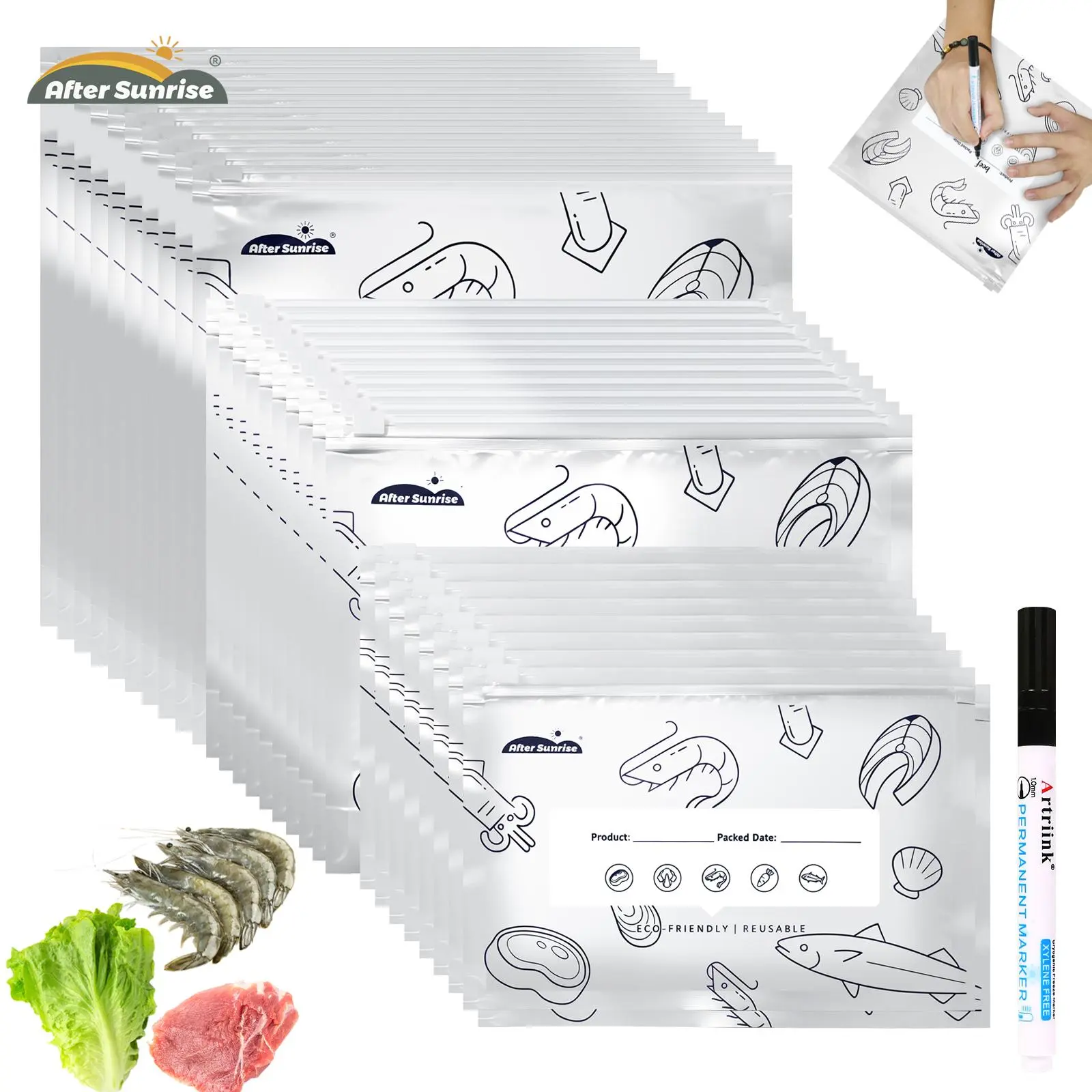 Reusable Aluminum Foil Storage Bags, Aftersunrise 2026 New Insulated Airtight Vacuum Zipper Pouches with Label for Fridge Organization, Lunch at Work & Bento Box Lunch Ideas (Refrigerated Food Compatible, Stand-Up Design)