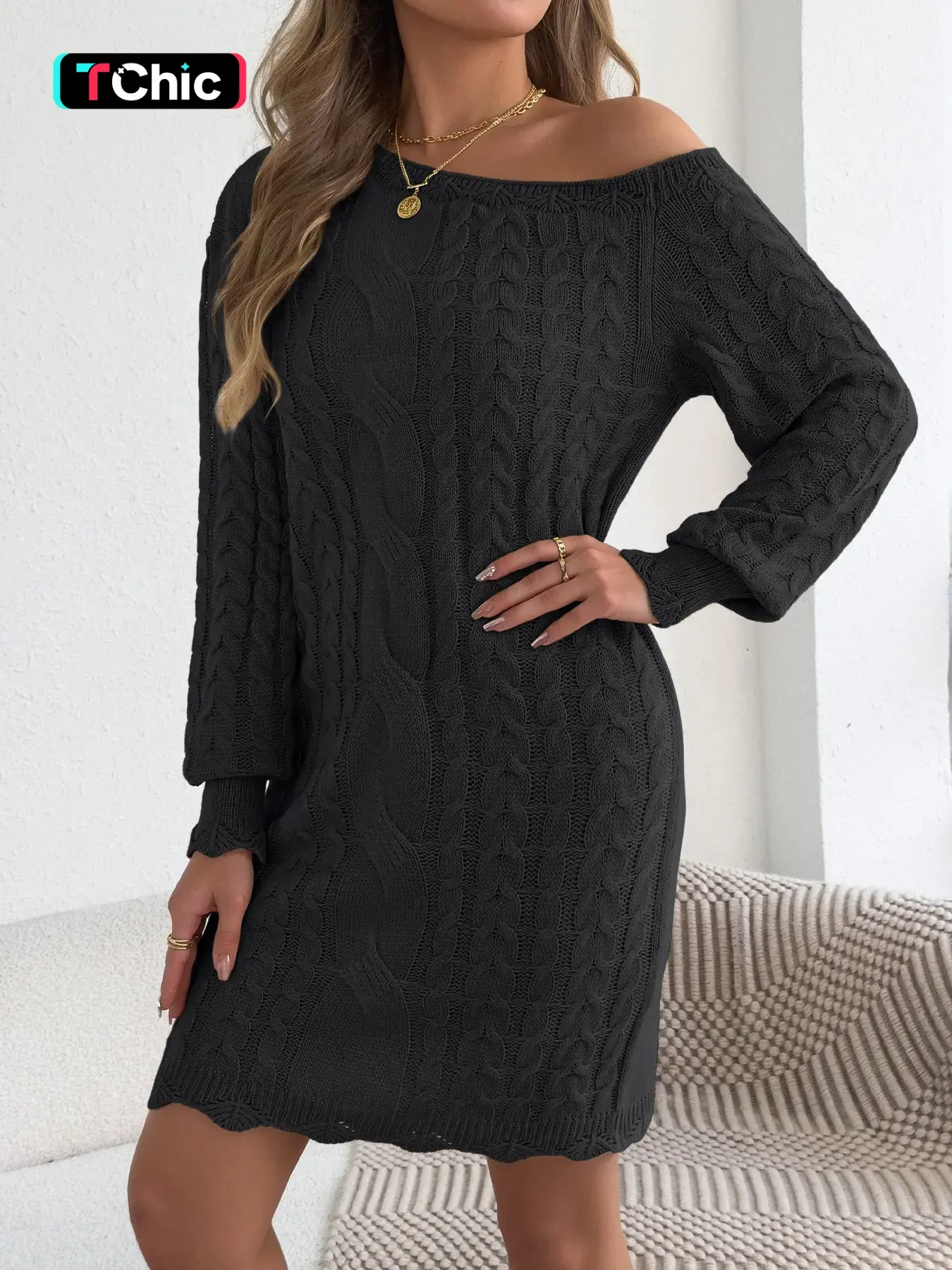 Autumn Winter Casual Sweater Dress, Off-Shoulder Slim Fit Women's Knit Dress, Stylish and Comfortable, Perfect for Daily Wear