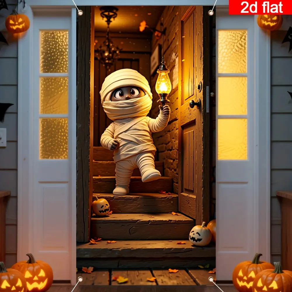 2D flat curtains, 2D flat banners, 1 Halloween door sticker, creepy mummy doll, glowing oil lamp, suitable for front door, wall, and haunted house as fun decorations