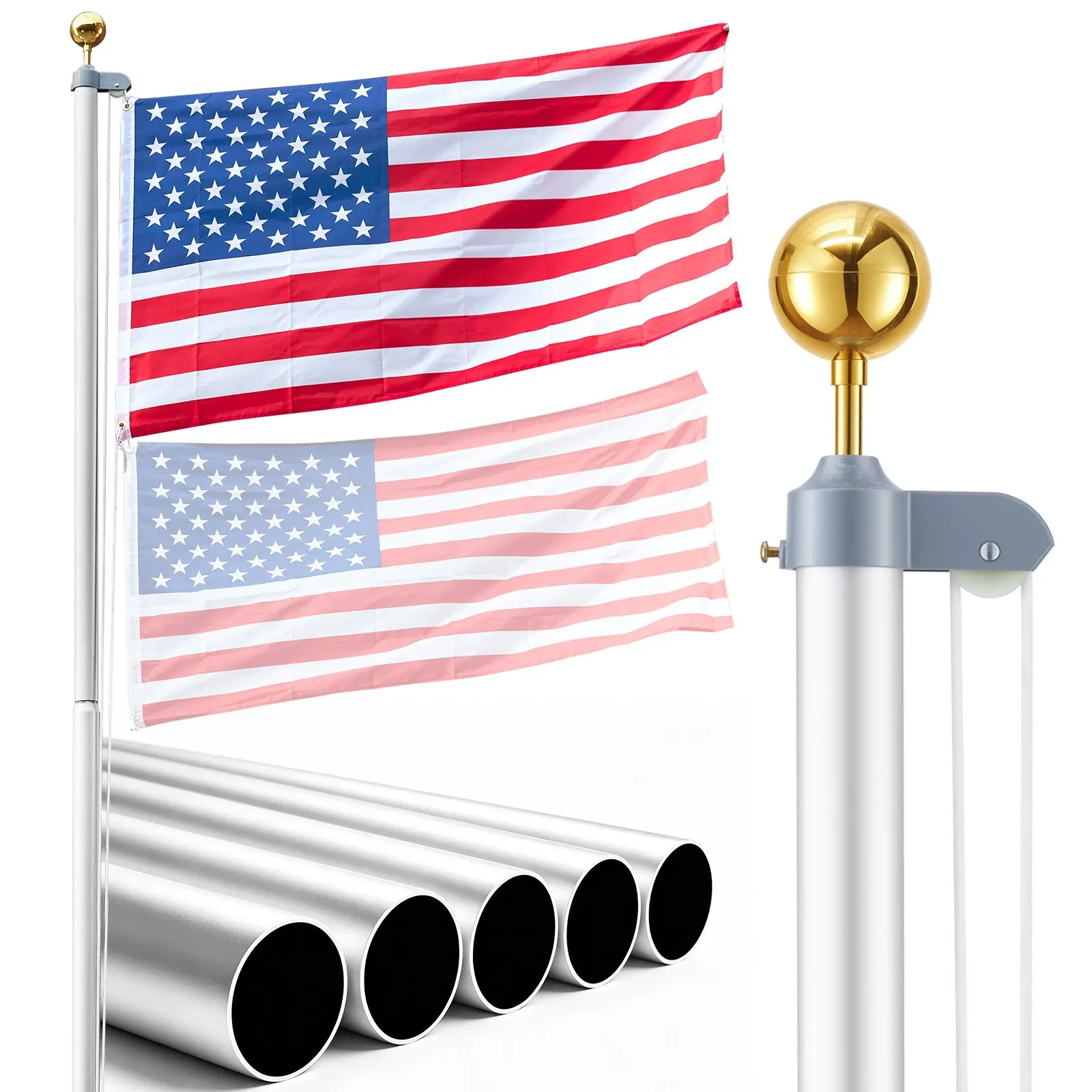 VEVOR 25 ft Sectional Aluminum Flag Pole Kit with Flagpole Hardware, Heavy-Duty Extra-Thick In-Ground Set, Long-Lasting 3x5 American Flag, Pulley and Rope System for Residential/Patriotic Occasions, Silver