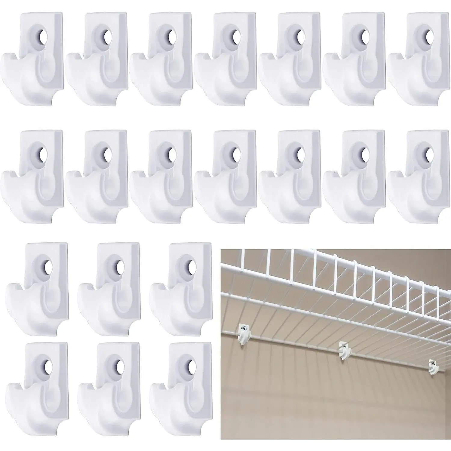 20 Pieces Wire Shelf Clips Down Wall Brackets Wire Shelving Accessories Plastic Heavy Duty Shelf Bracket Clips for Metal Shelving Screws and Expansion Tube Not Included (White)