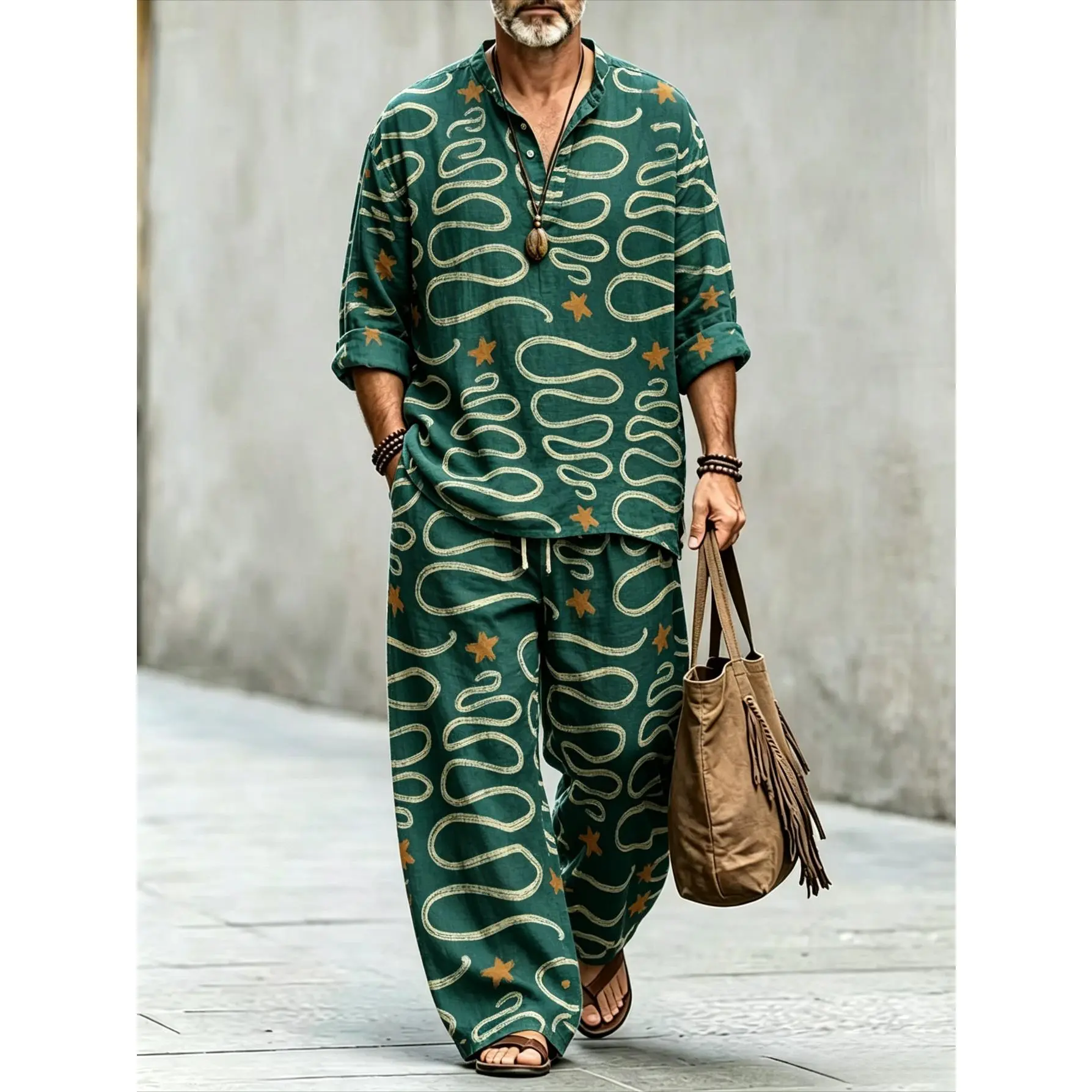 Men's 2-Piece Abstract Curve Star Print Outfit - Stand-Up Collar Long-Sleeve Henley Shirt, Drawstring Wide-Leg Pants - Casual Vacation Bohemian Christmas Wear