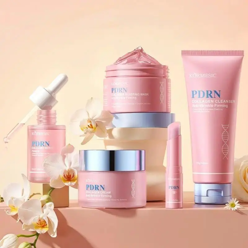 PDRN Pink Collagen Skincare Set, Self Care Kit, Soft Skin Set, hyaluronic acid, centella asiatica, includes facial cleanser, essence, mask, cream, moisturizing and brightening, reduces fine lines, smoothes skin, suitable for all skin types