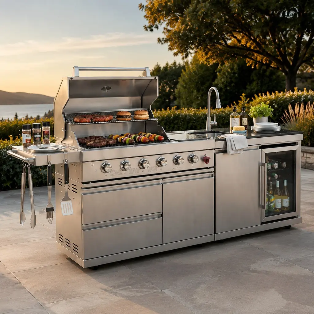 84-Inch Thick SS304 Stainless Steel Outdoor Kitchen Island - ARCH 6-Burner Grill, Sink, 70L Refrigerator, Wine Cooler, Granite Countertop, Rotisserie Kit, 75300 BTU, 1-Unit Modular Setup, Silver/Black Options for Grilling Outdoor Cooking Barbecue, One Uni