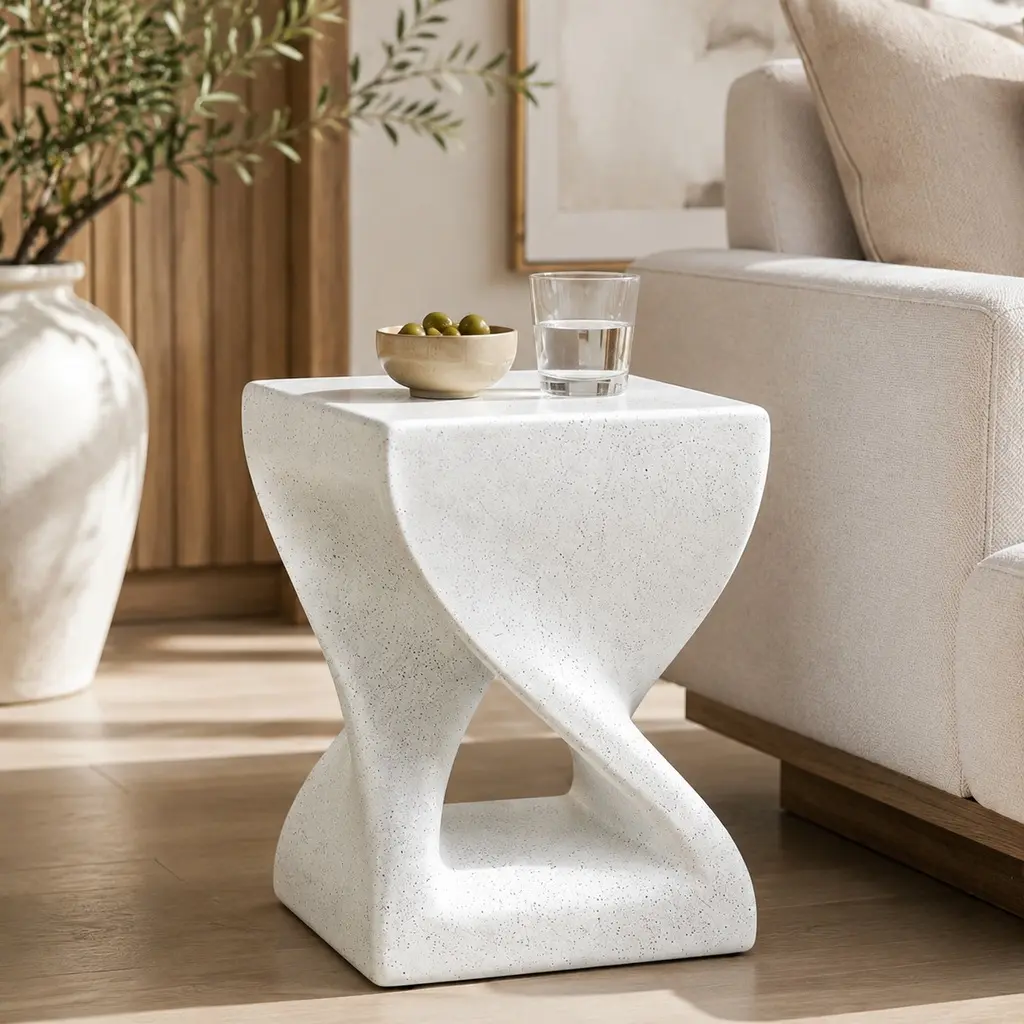 Compact Modern White Marble MGO Side Table 13.4"W x 17.9"H – Indoor/Outdoor End Table, Twisted-Base Pedestal, Weather-Resistant, Ready to Use
