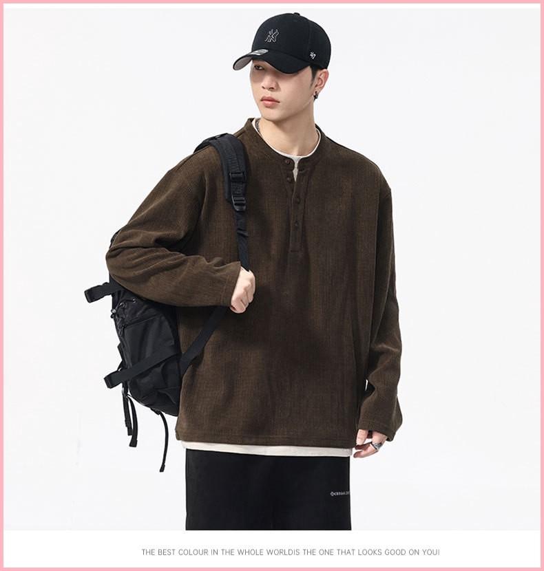 Autumn And Winter New Versatile Casual Fake 2 Pieces Handsome Trendy High Street Henley Collar Long-sleeved T-shirt For Men