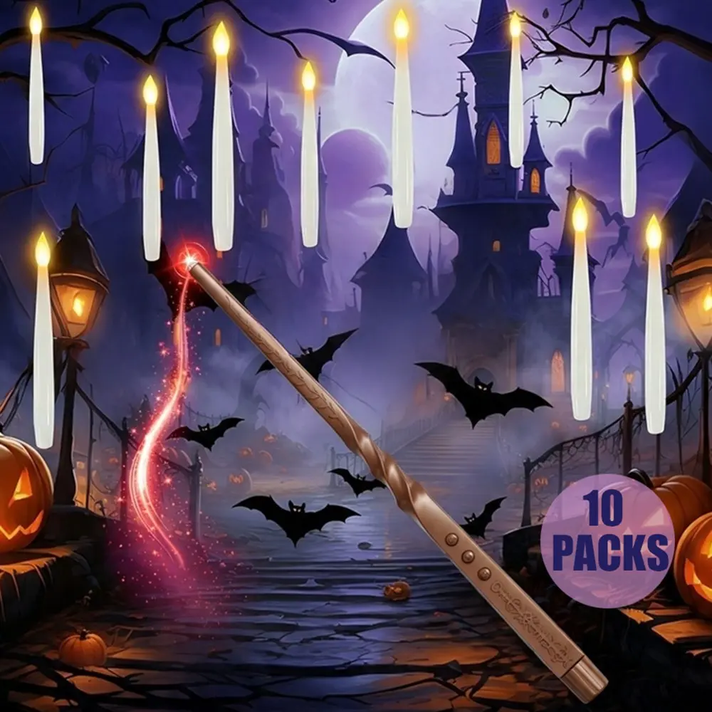 10 pcs Floating Candles with Wands, Magic Hanging Candles, Halloween Decorations, Flickering Warm Light Flameless Floating LED Candles with Remote Control, Battery-Powered Taper Candle Set, Ideal for Themed Parties, Christmas, Birthday Gifts