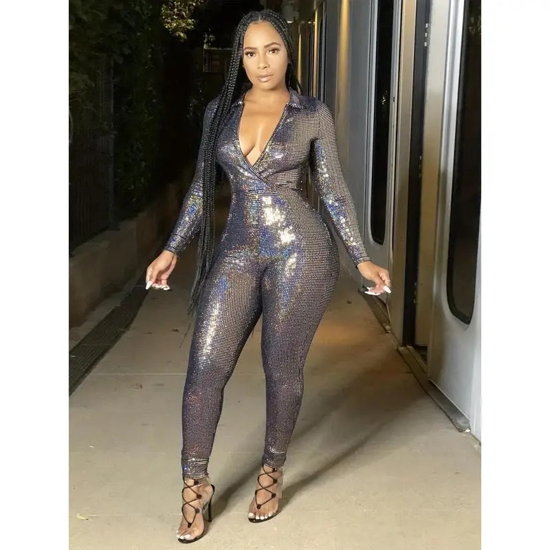 Elevate Your Party Look: Chic Sequin V-Neck Jumpsuit - Durable, Stretchy & Flattering for All Seasons. Ideal Women's Statement Wear