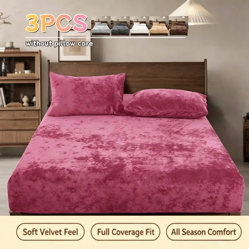 3pcs Crystal Fleece Bed Sheet Set, Soft Warm Autumn Winter Bedroom Decor, Includes 1 Fitted sheet and 2 Pillowcases, Multiple Colors Available