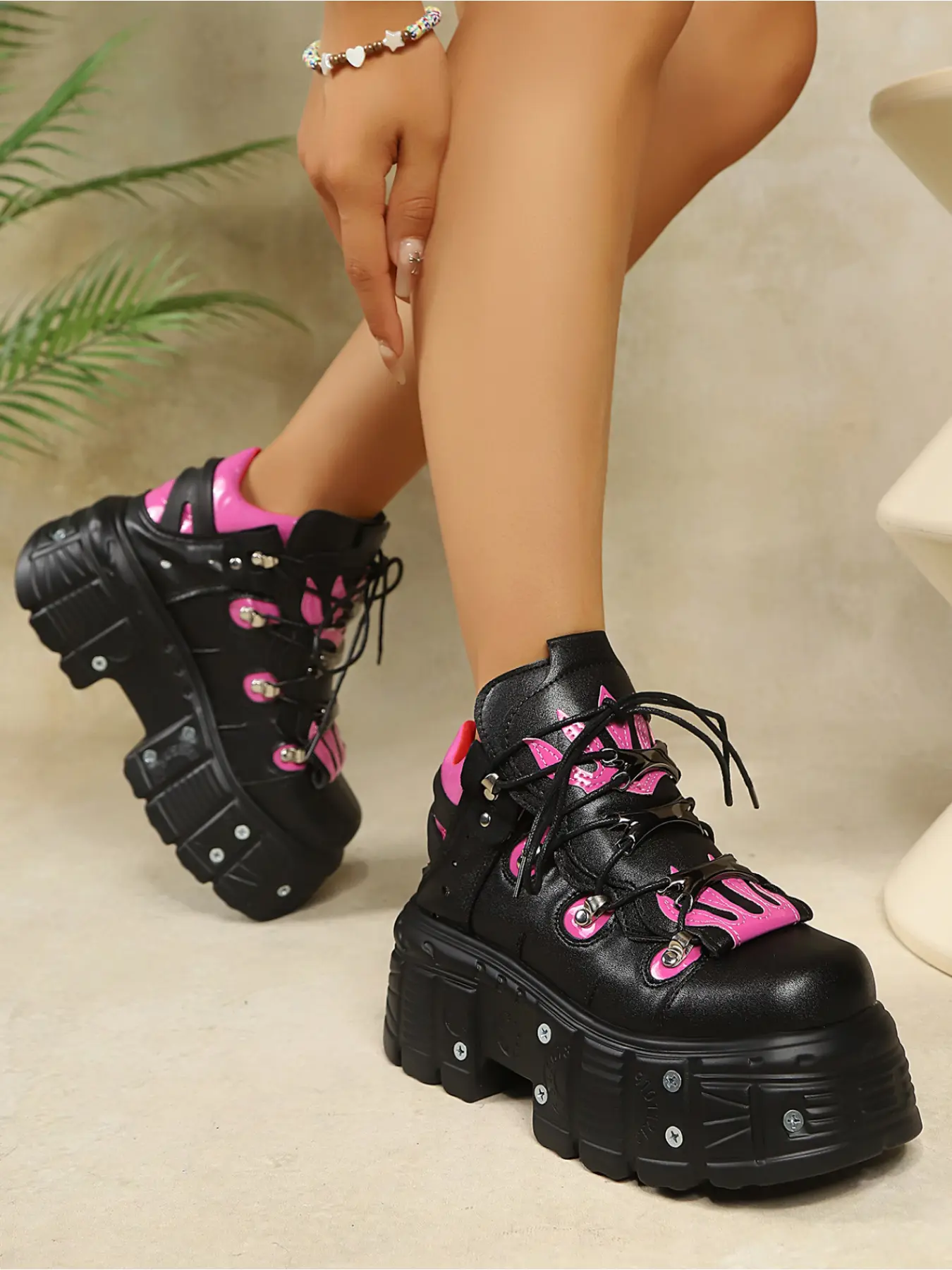 Gothic Punk Chunky Platform High Top Shoes Smooth Faux Leather Metal Stud Decor Round Toe Shock Absorbing Street Footwear