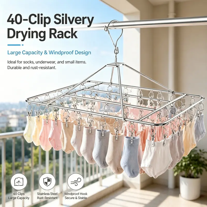 Square 40 Clips Stainless Steel Laundry Hanger Windproof Design Large Capacity Sock Underwear Drying Rack For Bathroom Balcony Household