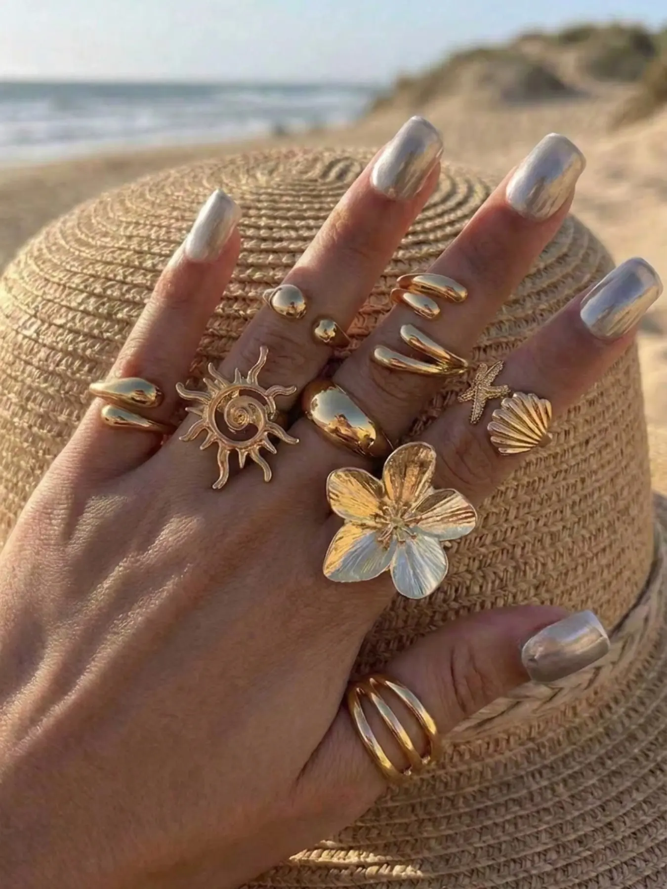 8-Piece Vintage Flower Sun Star Shell Ring Set, Beach Vacation Style, 3D Relief Large Petal, Spiral Sun, Ocean Shell Star, Unique Texture Thin Rings, Boho Style Rings, Beautiful Rings, Jewelry Rings
