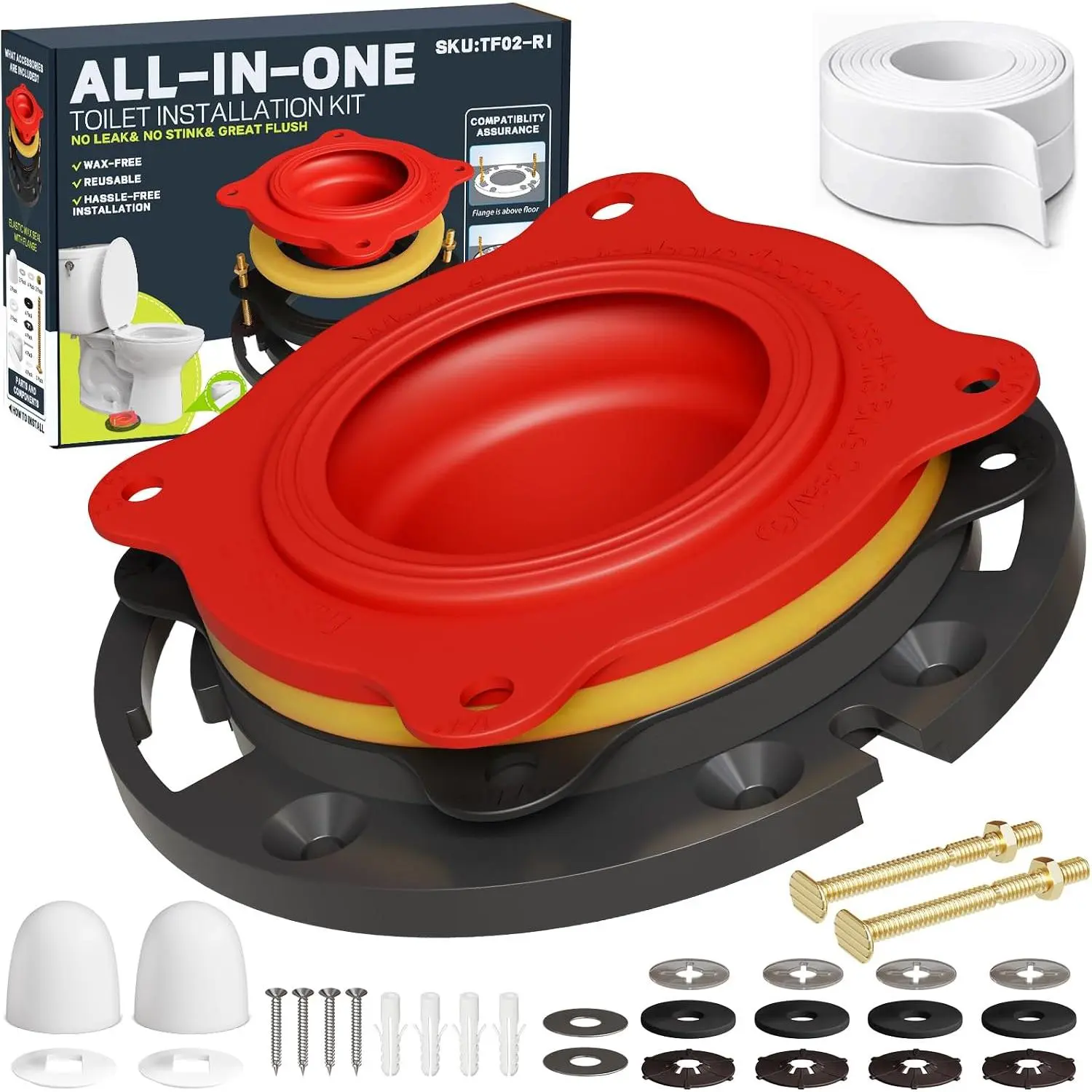 Toilet Flange Repair Kit & Elastic Wax Ring with Caulk Tape,  Fit | TF02-RI Leak-proof Toilet Seal, For Bathroom Repairs, Flange Above / Level / Below Floor, DIY Homeowners