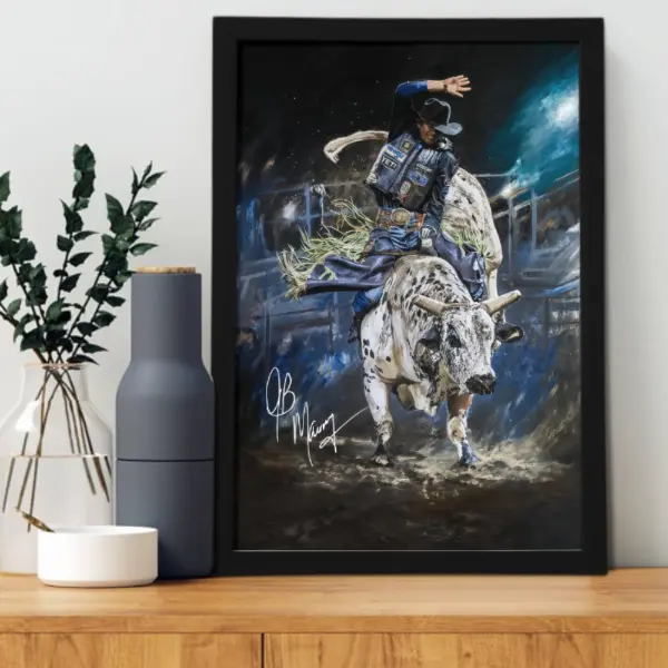 JB Mauney Dragonslayer Signature Unframed Canvas Wall Art Poster - USA-Made Bull Rider Western Rodeo Print, Rodeo Fan Gift, Home Decor for Man Cave, Living Room Black Aluminum Frame Ornaments