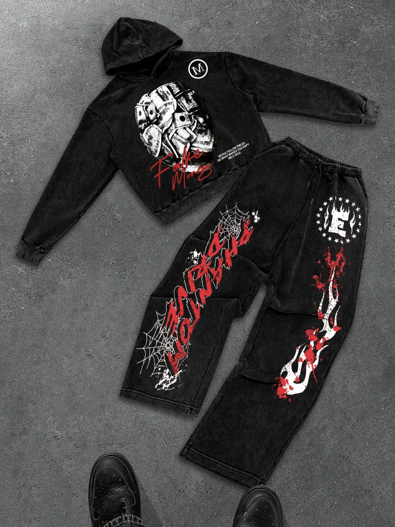 Y2K Grunge Streetwear Tracksuit Set Casual Sport Set Men Women Acid Wash Hoodie Spider Web Sweatpants Vintage Graphic Flame Joggers Casual Skate Outfits