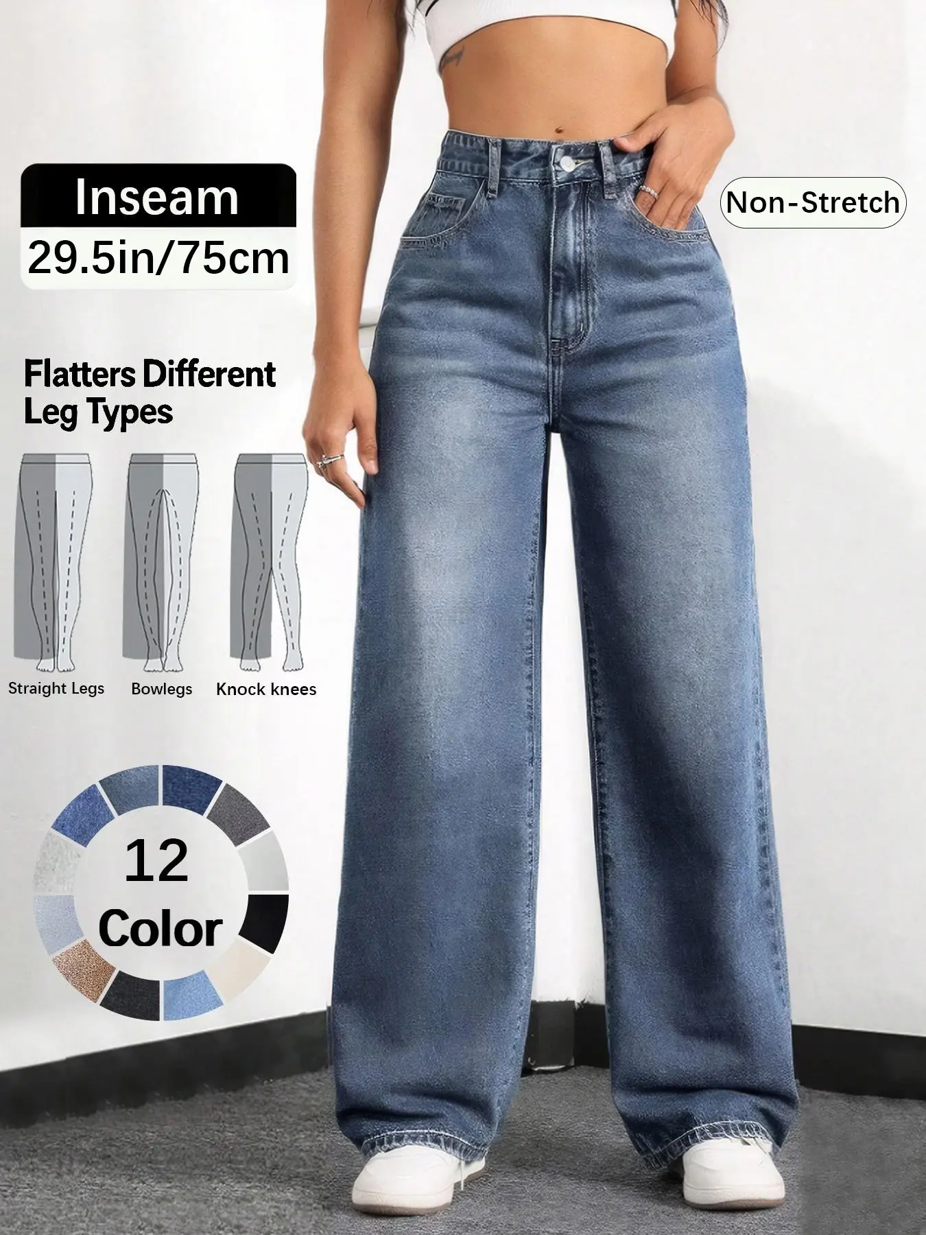 Women's Elastic Waist Denim Jeans with Pockets and Buttons, Loose Straight Jeans, Casual Basic Fashion Comfortable Trousers for All Seasons, Perfect for Any Occasionstacked pants Womenswear, Ankle Straight Jeans, Comfy Denim Jeans
