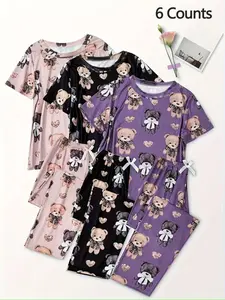6-Piece Bear Heart Print Short Sleeve Long Pants Pajama Set, Cozy Home Wear, Comfortable Sleepwear for Adults & Kids