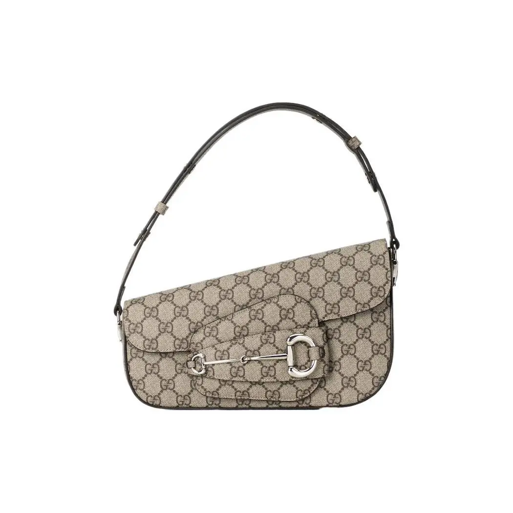 Gucci Horsebit 1955 Asymmetric Flap Top Handle and Shoulder Bag for Women in Beige and Ebony Canvas and Leather