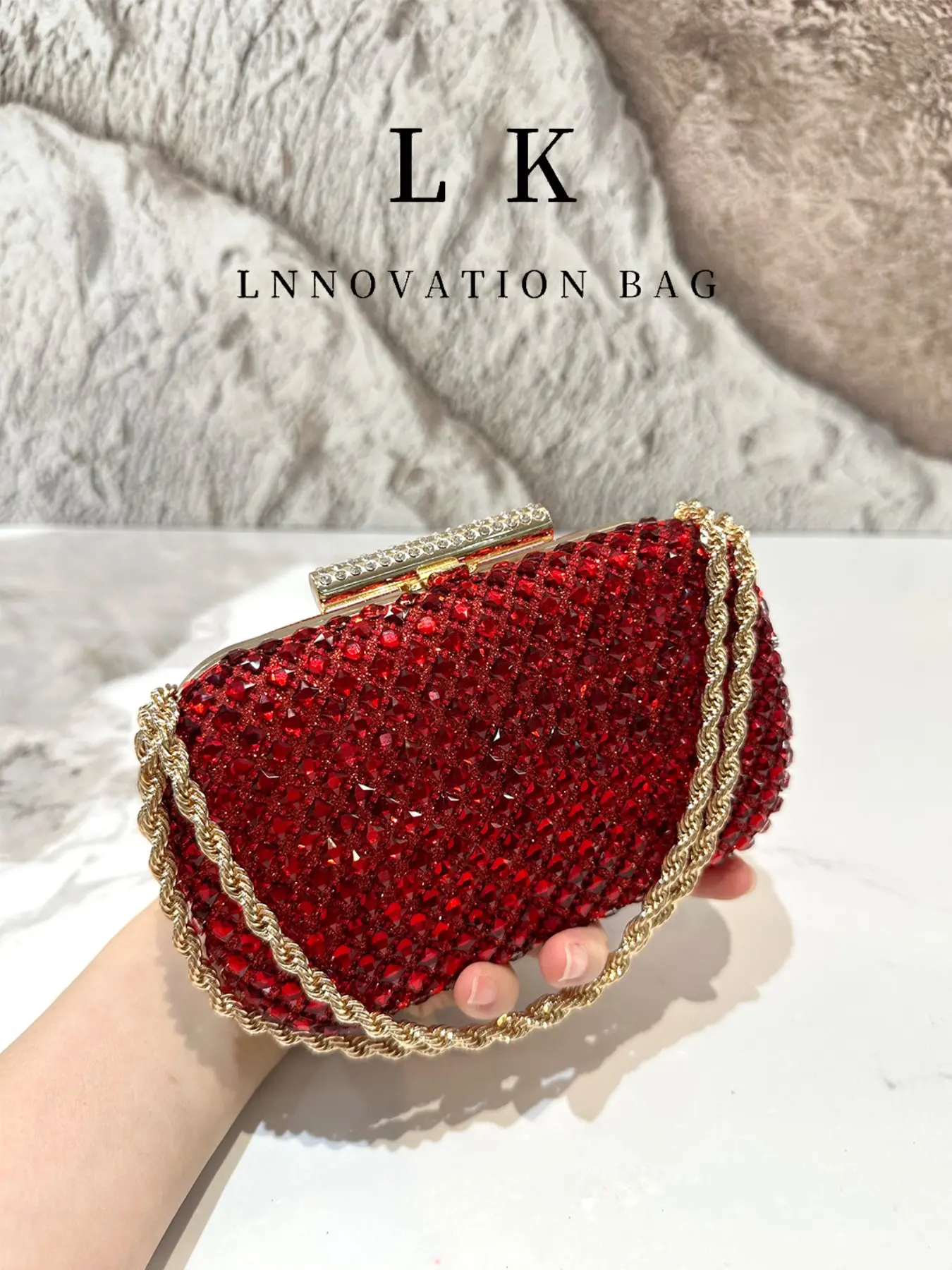 Viral Bestseller Curved Women Evening Bag, Luxury Full Rhinestone Hard Clutch with Twisted Gold Chain, Handheld Crossbody Dual Use Glam Mini Purse for Wedding, New Year Banquet, Dance Party