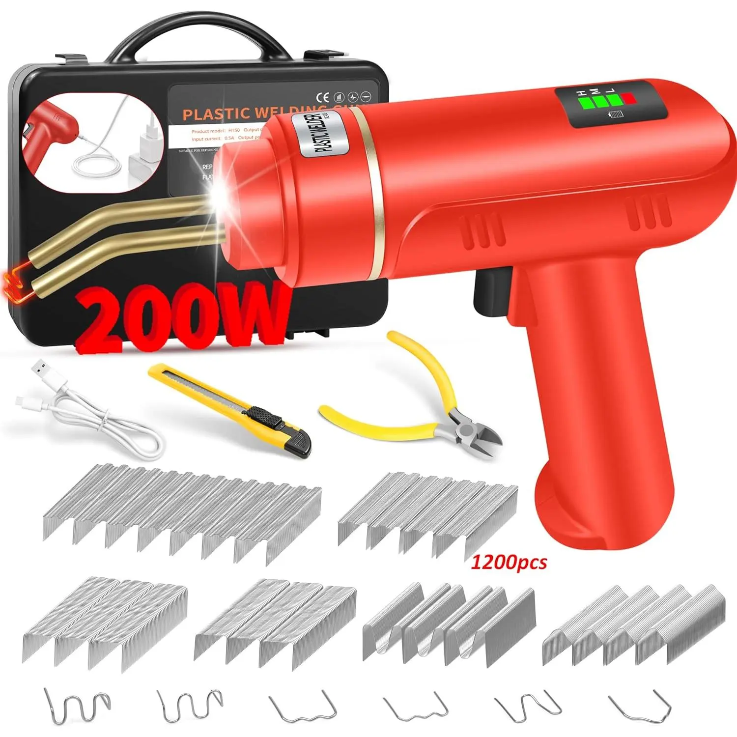 200W Welder, Kit with 1200PCS Hot Stapler, USB Welder Gun with 5000mAh Battery, Weld Bumper Repair Kit for Most Repair
