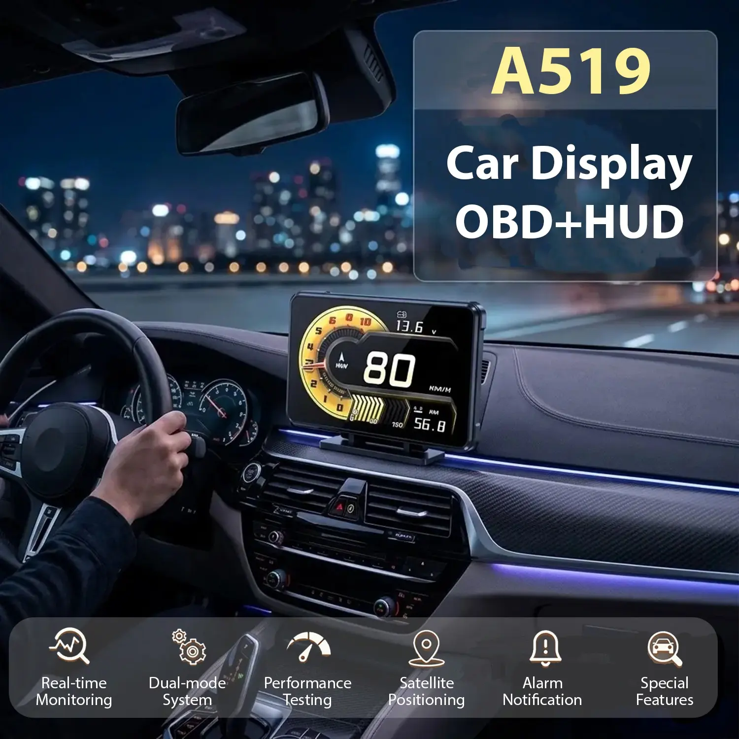 A591 Car Head-Up Display, Obd2+GPS Dual System, Monitors Speed, Voltage, Rpm, Turbo Oil Temperature, High Visibility Screen, Auto Electronics Hud