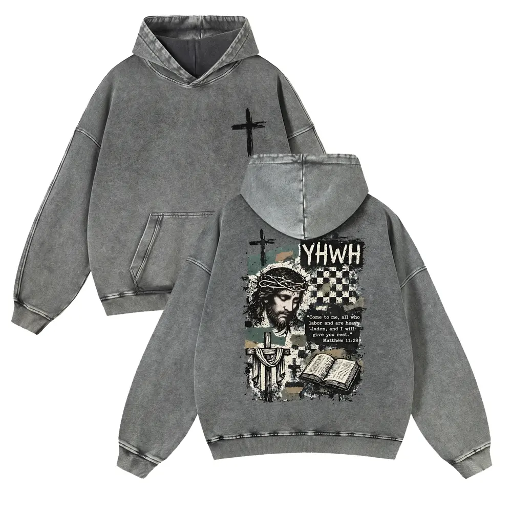 Vintage Washed Christian Hoodie Unisex Oversized YHWH Graphic Pullover Sweatshirt - Jesus Bible Verse Matthew 11:28 Cross Faith Streetwear Hoodies