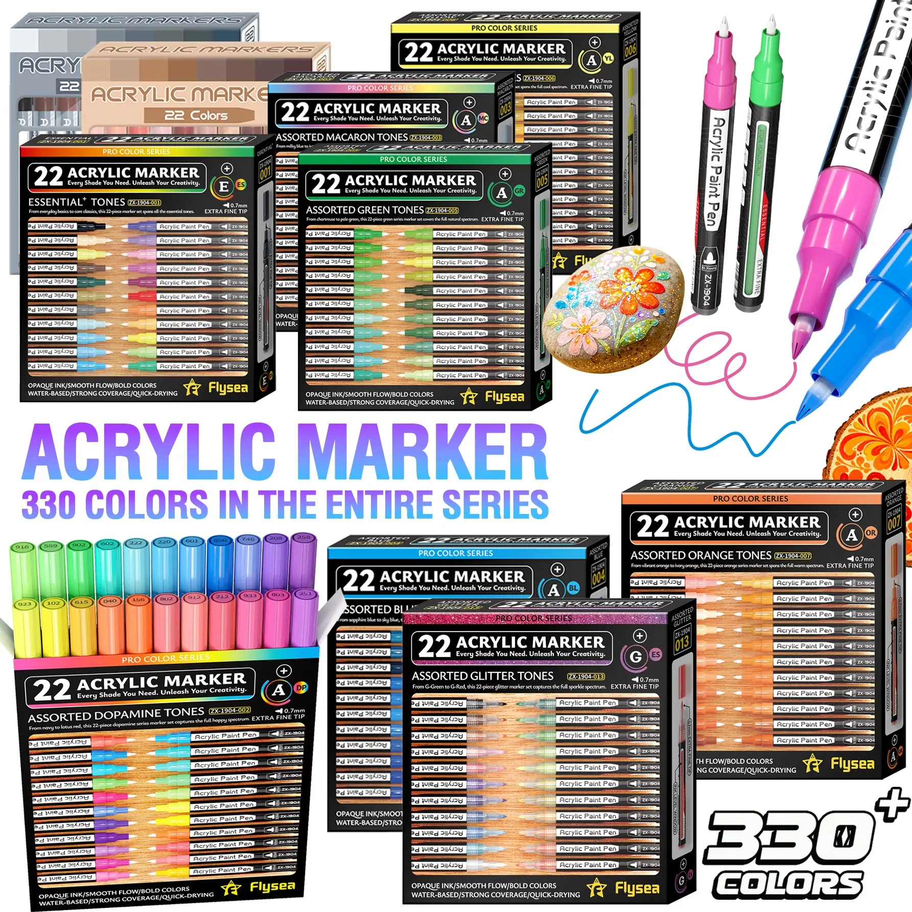 Flysea Acrylic Paint Marker, 22 Colors, Fine Tip 0.7mm, Quick-Dry, Visible Ink Window, Ideal for Stone, Wood, Metal, Glass, Canvas