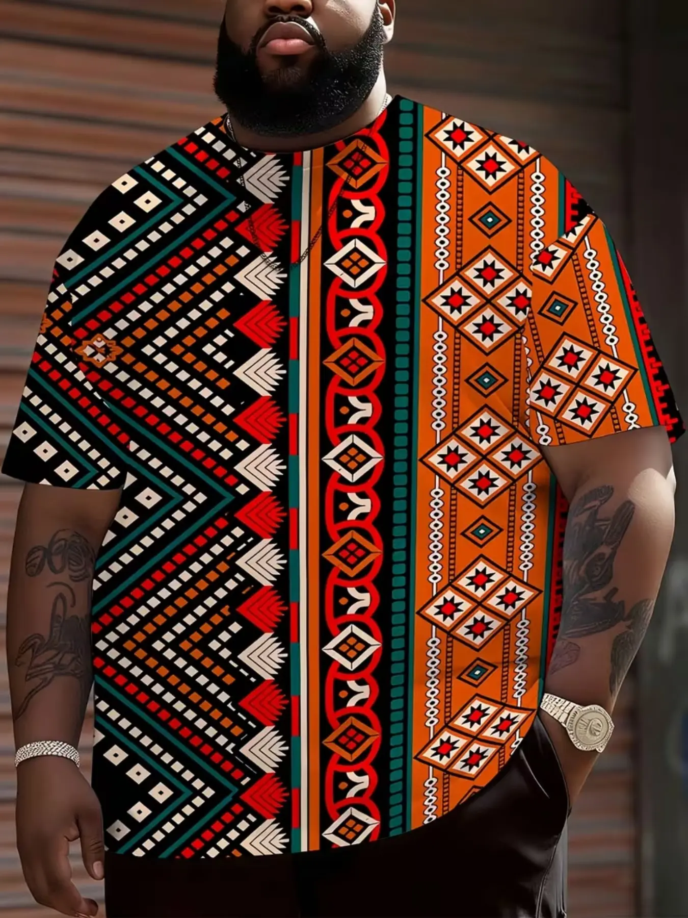 Men's African Dashiki Shirt, Full Tribal Print Short Sleeve Round Neck Top, Traditional Ethnic Wear, Casual, Plus Size