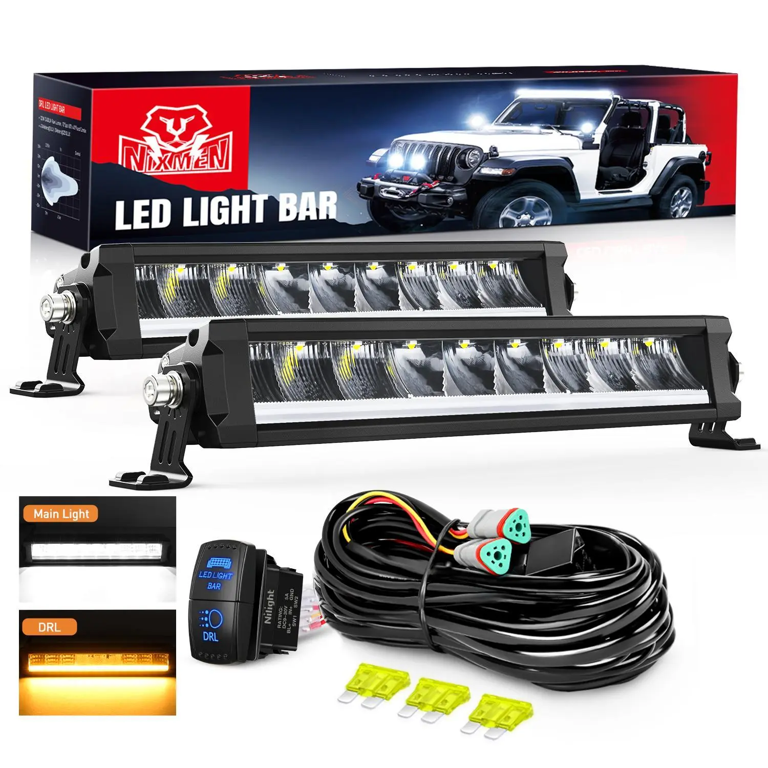 Nilight LED Light Bar with Amber DRL 2 PCS 45 W 12.2 Inch Single Row Slim 4980 LM Anti-Glare Flood Spot Combo IP68 Offroad Driving Lights w/ 16AWG DT Wiring Kit for Pickup Truck SUV ATV UTV 4x4 Jeep, Aluminum, 45W Per Light