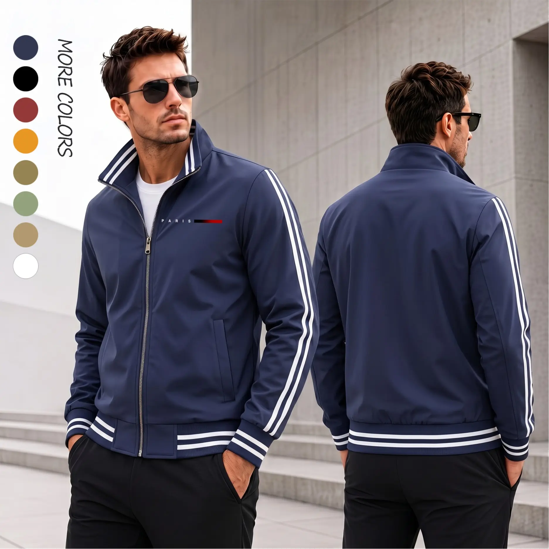 Men's PARIS Minimal Graphic Print Thin Bomber Jacket - Menswear Tops, Ribbed Striped Sleeves, Lightweight Zip-Up, Classic Sporty Fabric, Clean Athletic Fit Urban Streetwear Coat, Coats, Breathable, Hem, Casual