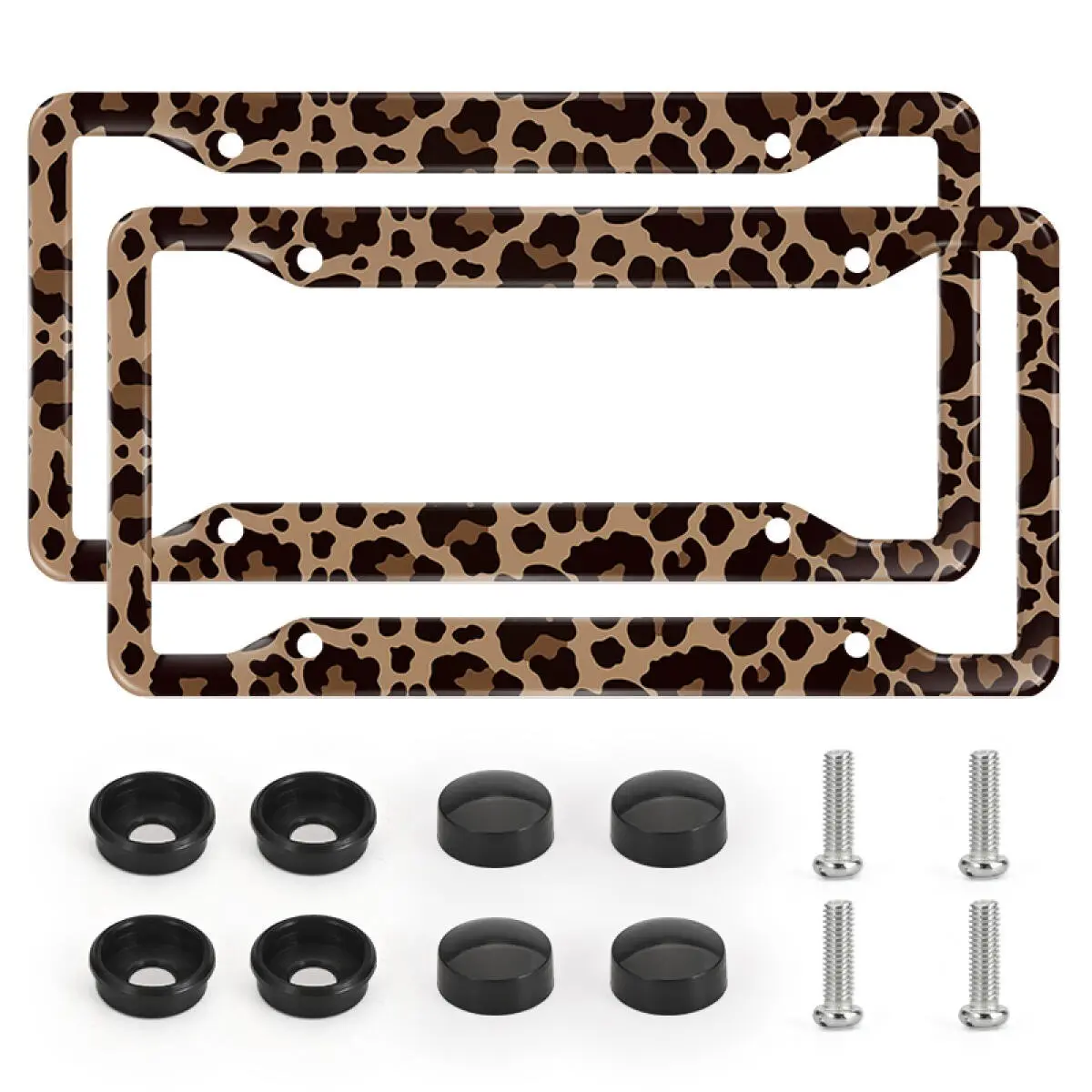 2pcs Classic Leopard Print Aluminum License Plate Frame with Screw Caps, Universal Fit for Car/SUV/Truck, Car Decor Accessories, Stylish Ideal Gift for Car Lovers, License Plate Holder for Men Women