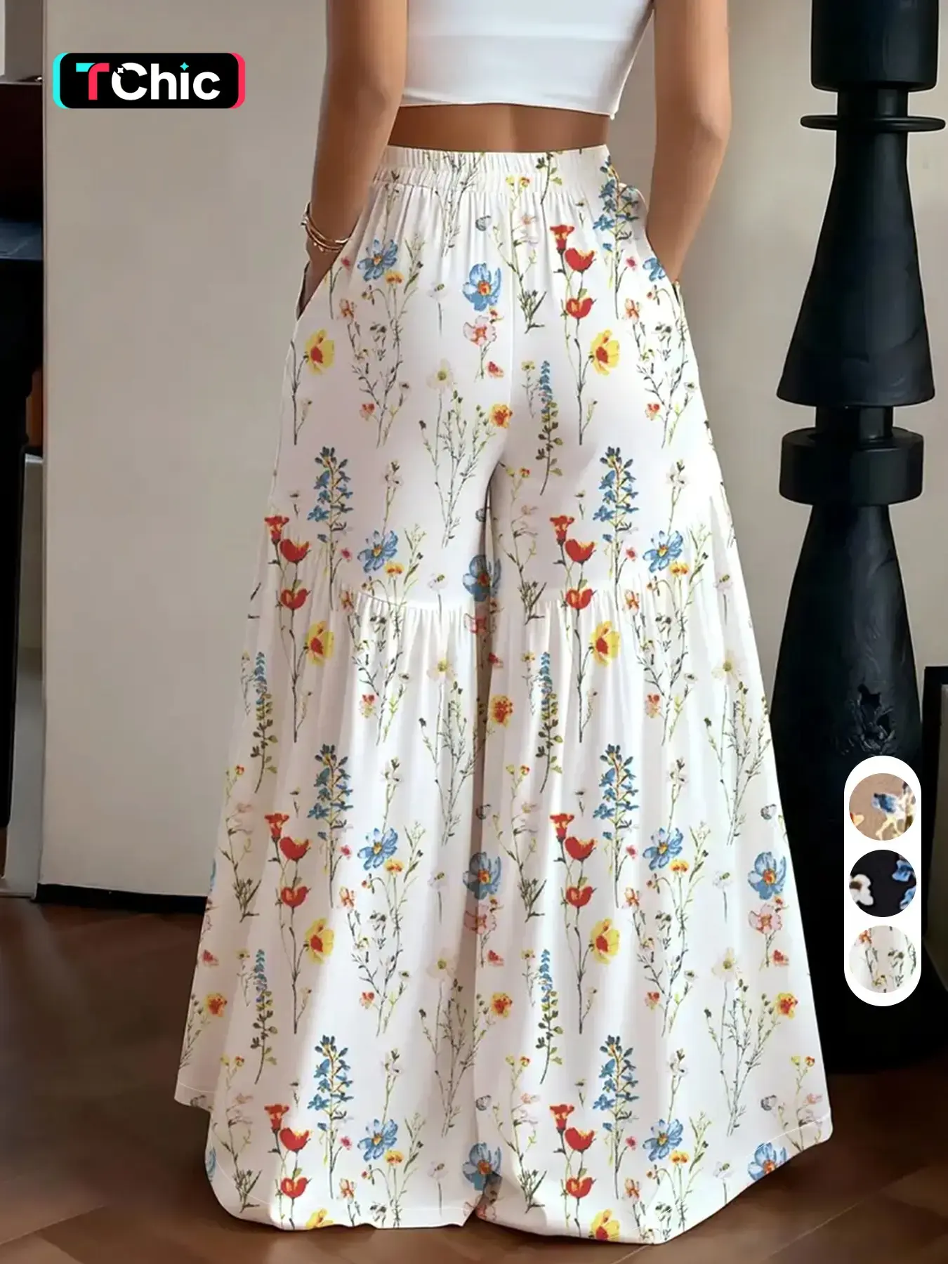 Simple Versatile Casual High Waist Bohemian Floral Pants, Daily Wear Long Pants, Relaxed Office Style Loose, Summer New Vacation Leisure Pants, Light Mature Everyday Casual Pants Ff2630