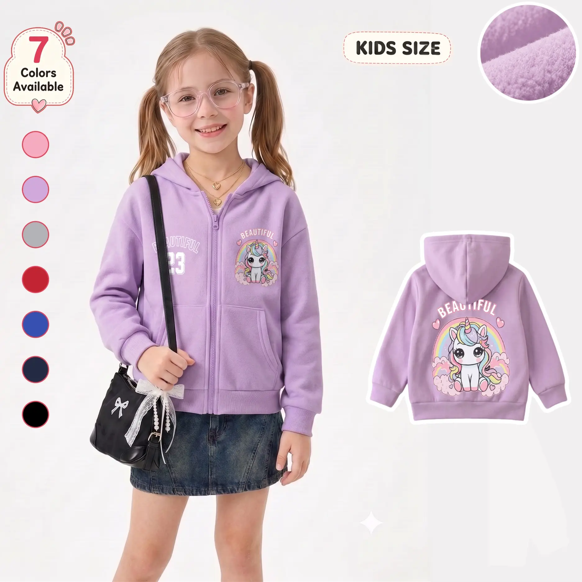 Girls’ Rainbow Unicorn Graphic Zip-Up Hooded Jacket - Regular Fit, Casual Sporty, Front Zippers, Rainbow Theme, Front Chest Print, Statement Back Design, Long Sleeve Hoodie for School/Travel