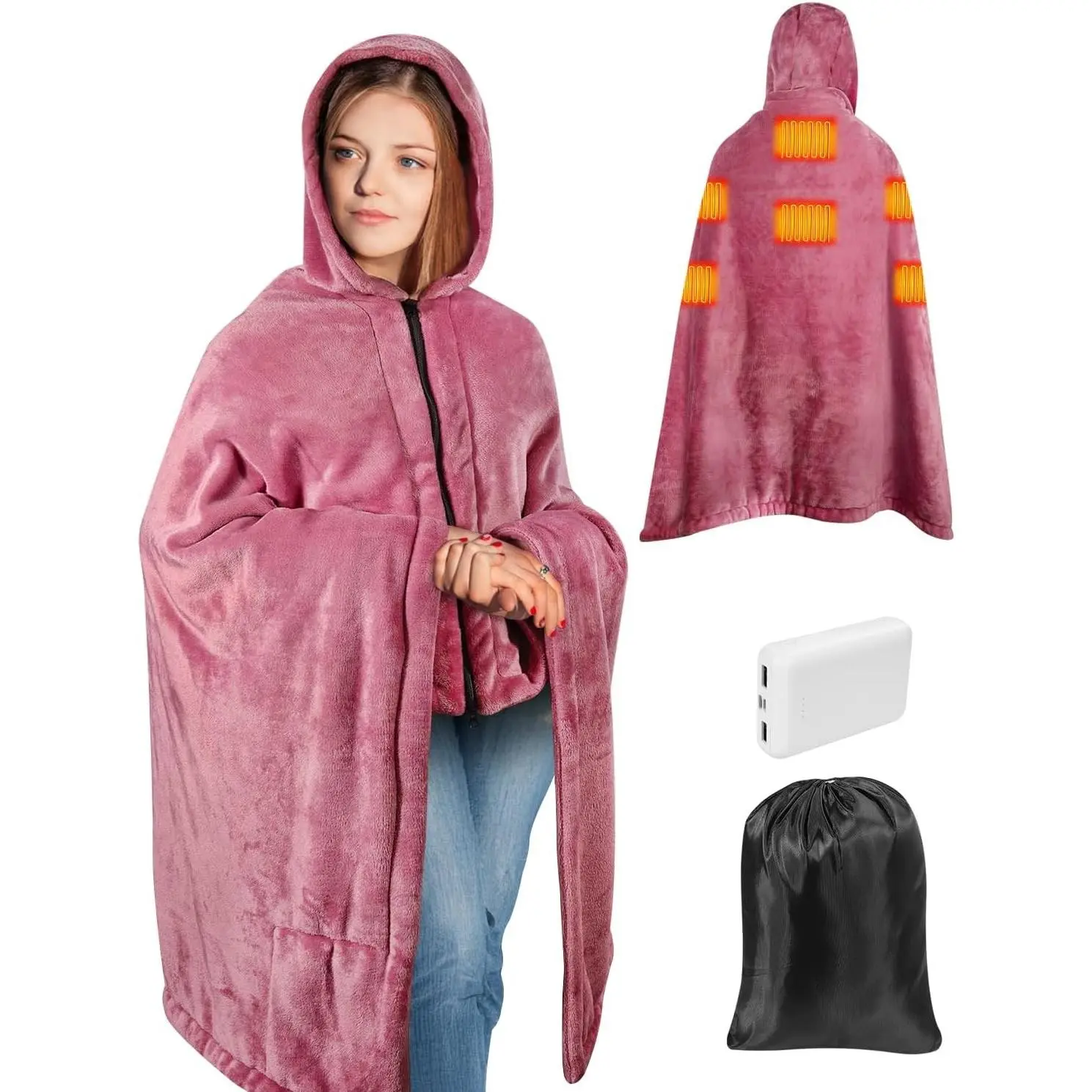 Cordless Electric Heated Blanket with Hood, Rechargeable Shoulder Heater Shawl with USB Battery Power Bank, 3 Heating Level Portable Cozy Flannel Heated Throw for Mom/Dad (Purple)