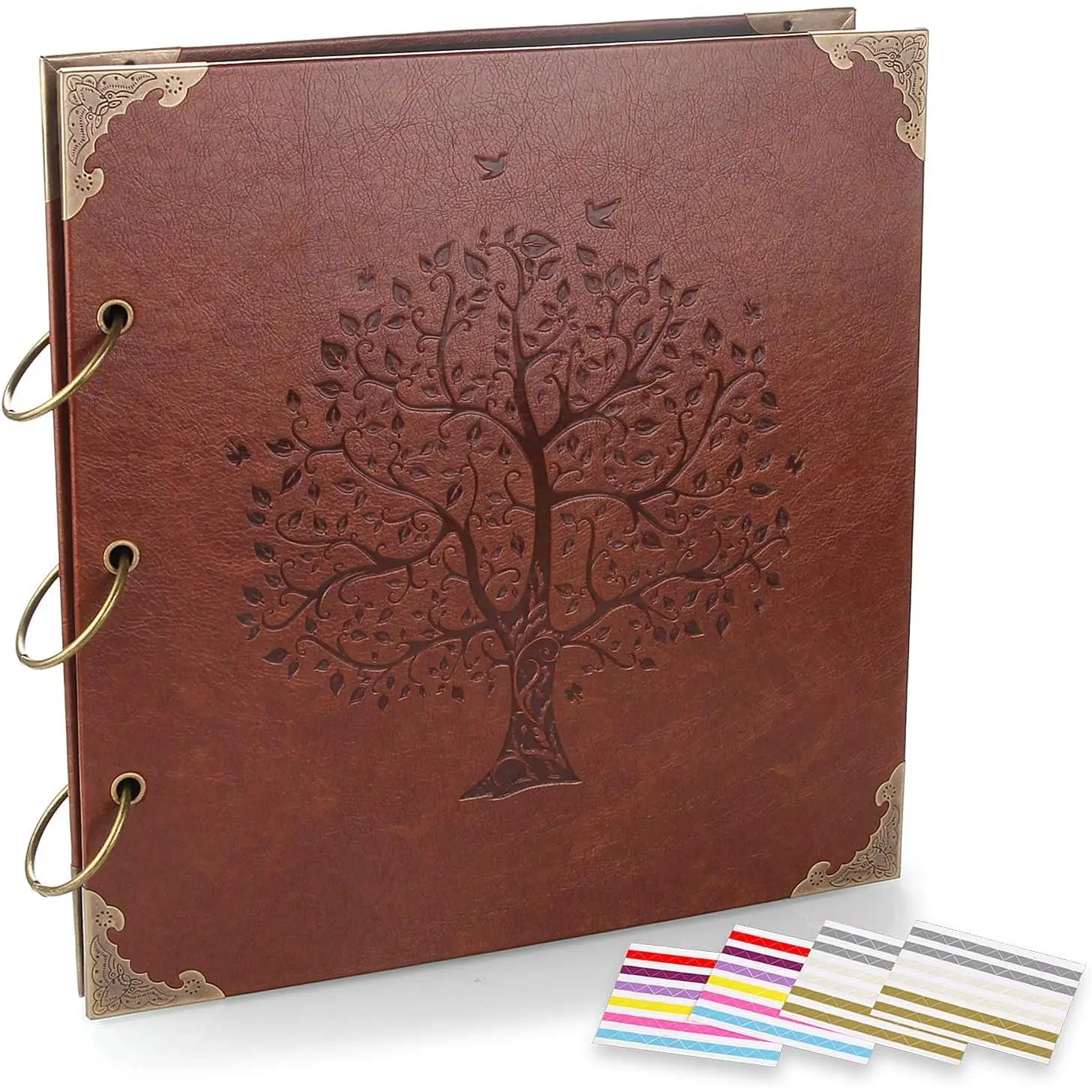 DIY Photo Album Scrapbook, 10x10 Inch 50 Double Sided Pages, Vintage Leather Cover Three-Ring Binder with 408pcs Self Adhesive Photo Corners for Family Memory Keeping