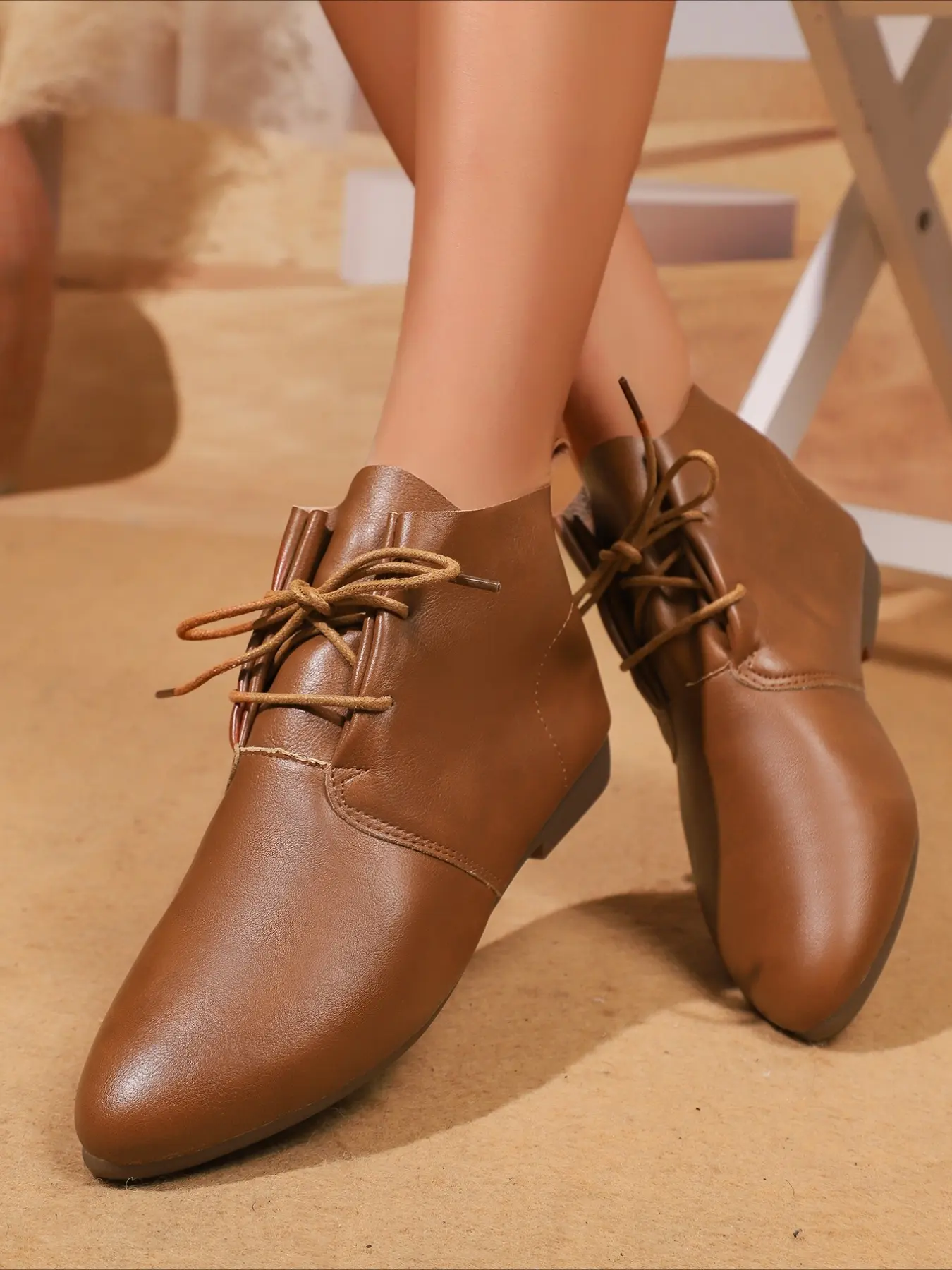 Pointed toe lace-up flat ankle boots with wrinkled collar soft comfy versatile casual women booties for spring autumn daily wear
