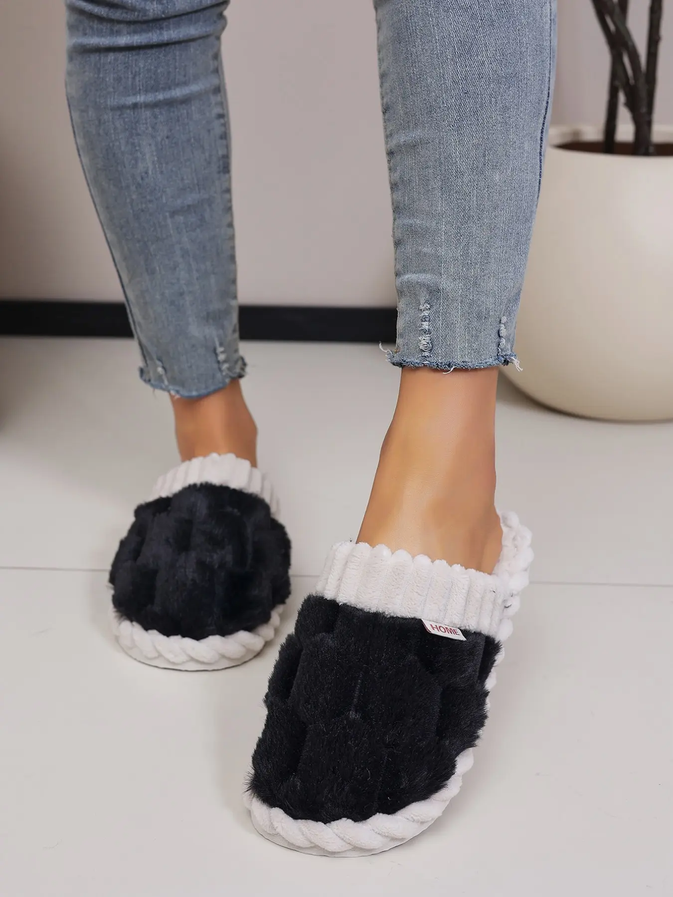 Women's Plaid Bubble Fleece Slippers, Floral Round Neck Home Cotton Shoes, Soft Sole Anti-Slip Indoor Warm Winter Footwear