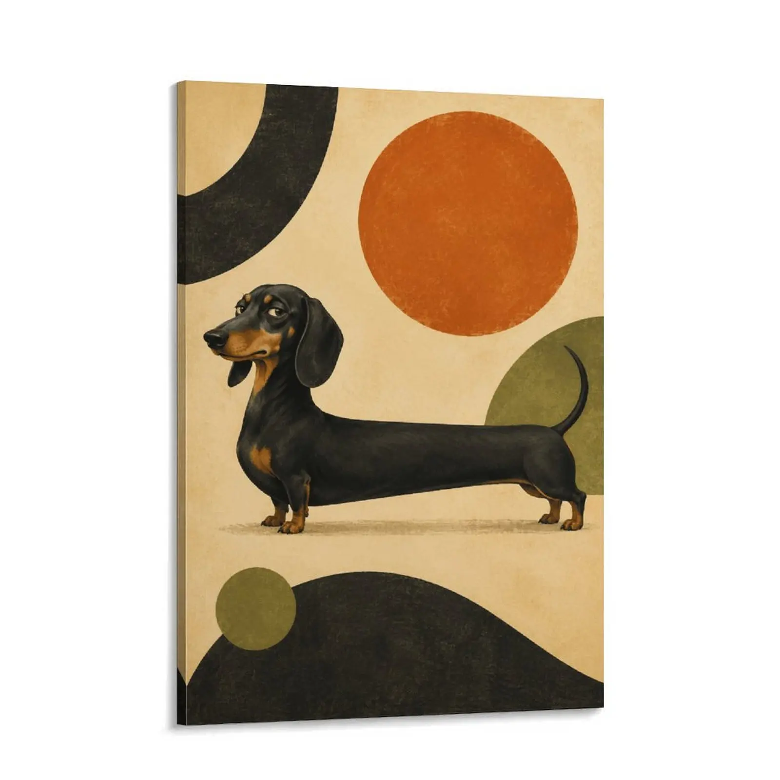 Retro Dachshund Canvas Wall Art - Funny Black and Tan Sausage Dog Mid-Century Modern Poster for Living Room, Bedroom
