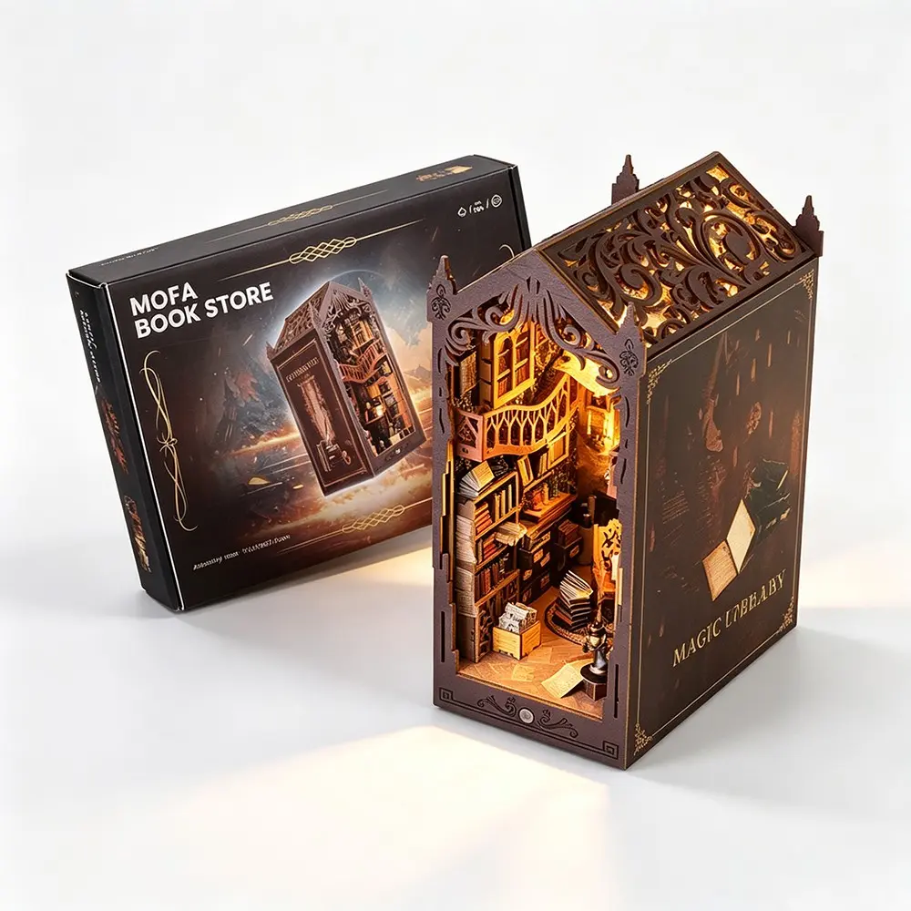 Wooden DIY House Building Scene, 3D Magic Book Stand, Rich Interior Details, Adult Assembly, Shelf Decor, Gift Box, Christmas, Halloween, Diy Building Kit