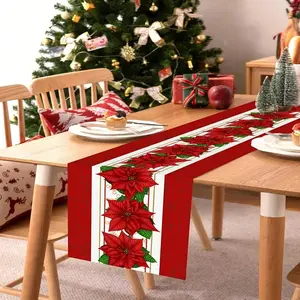Christmas Table Runner, Floral Design, Merry Christmas, Vintage Style, Polyester, 35x180cm, Winter Party Decor, Dining Room Centerpiece
