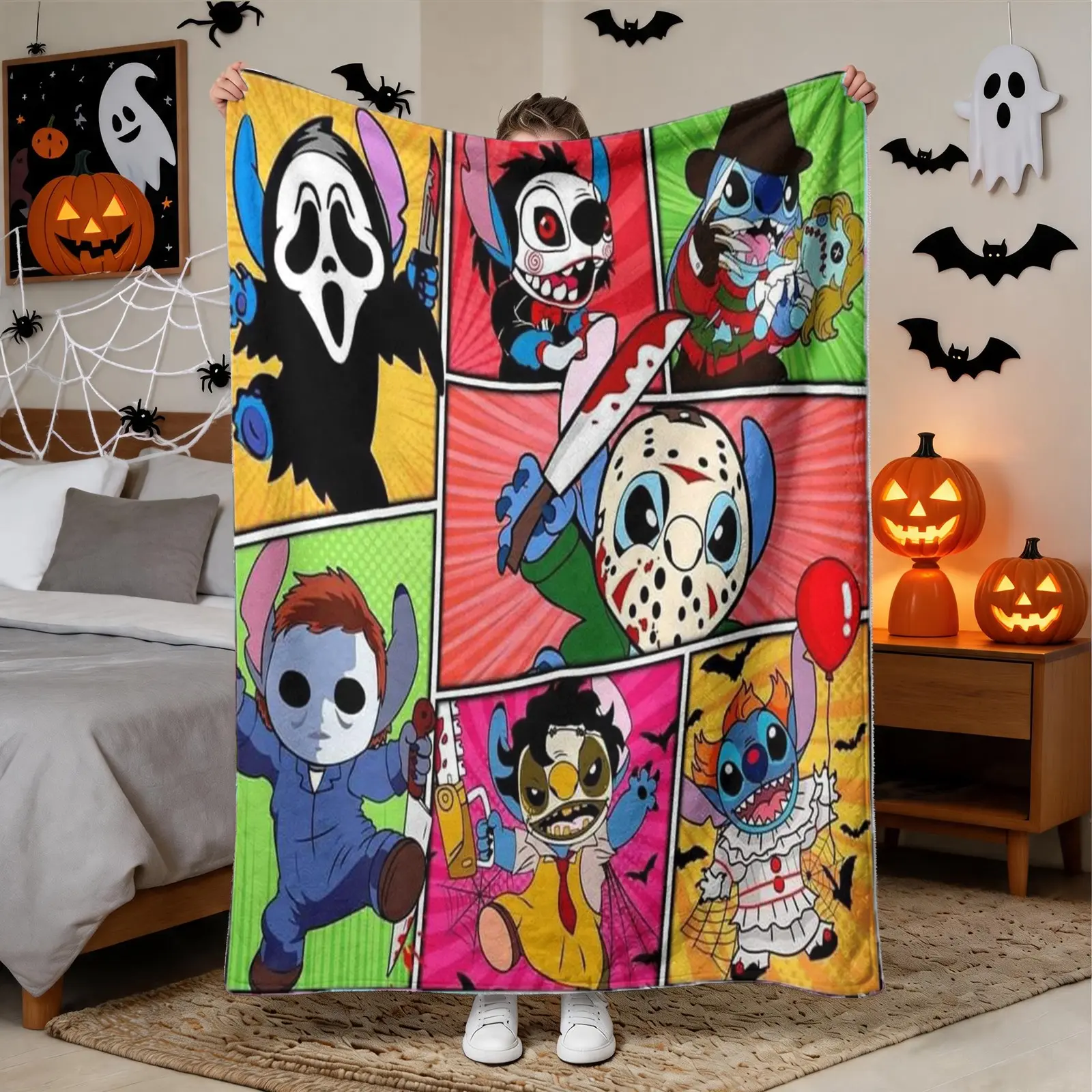 Halloween Stitch Flannel Blanket, Soft Skin-Friendly Warmth, Sofa Bedroom Nap Multi-Scene Use, Classic Print Design, Made in China