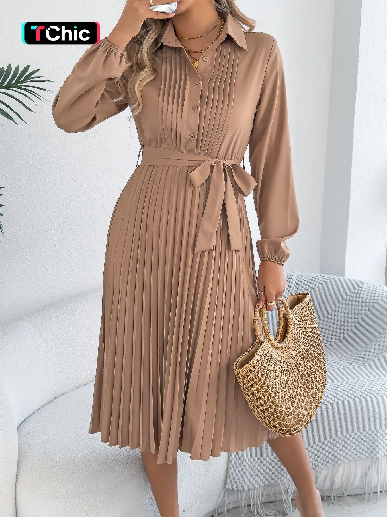 Women's Solid Color Belted, Casual Bishop Sleeve Dress for Spring & Fall, Classy Modest Dresses, Modest Style Dress, Women's Clothing for Daily Wear, Long Sleeve Dresses
