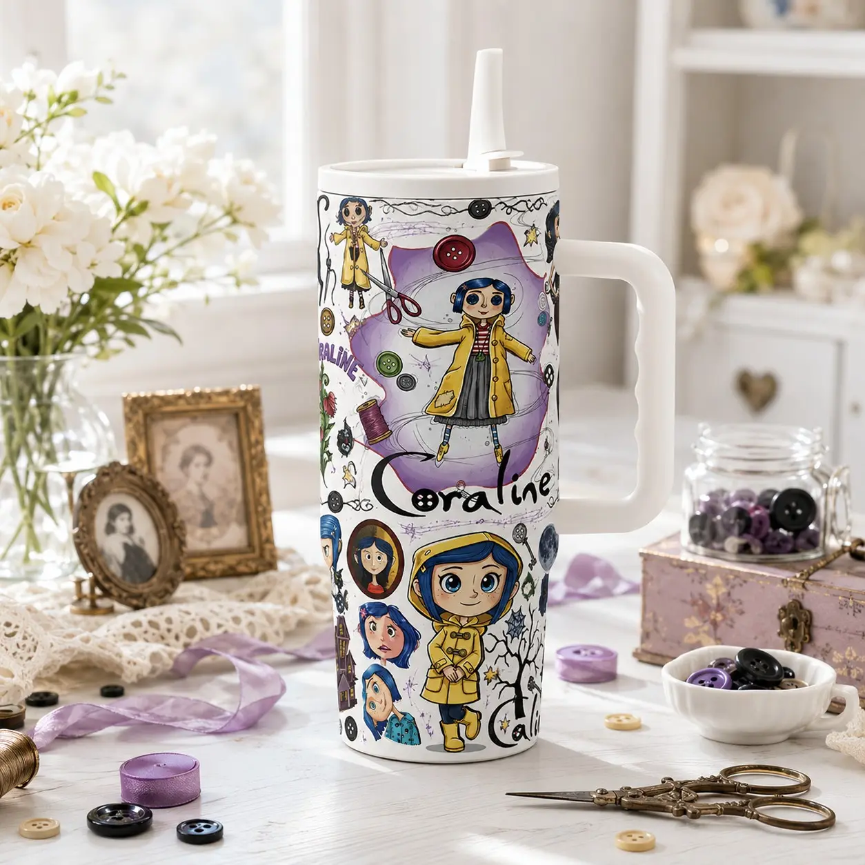 Coraline 40oz Stainless Tumbler, Button Eye Cartoon Cup, Insulated Travel Mug with Handle Lid Straw, Gothic Fantasy Gift
