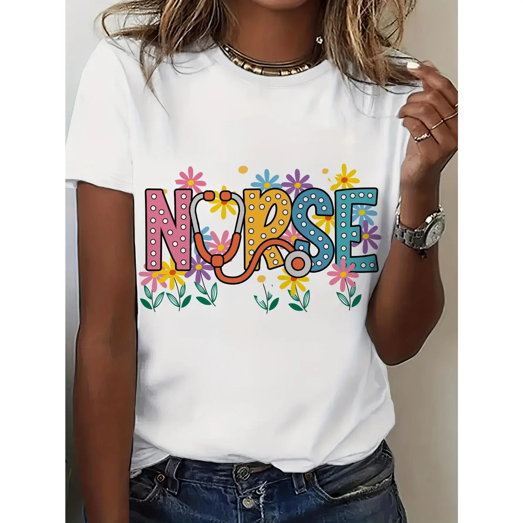 Women'S Nursing Apparel T-Shirt - Soft Loose Fit Tee with Floral Letters, All-Season Casual Top for Nurses, Healthcare Workers - Machine Washable Everyday & Work Attire, Vacation Clothing, Vibrant Print Shirt, Medium Stretch Fabric