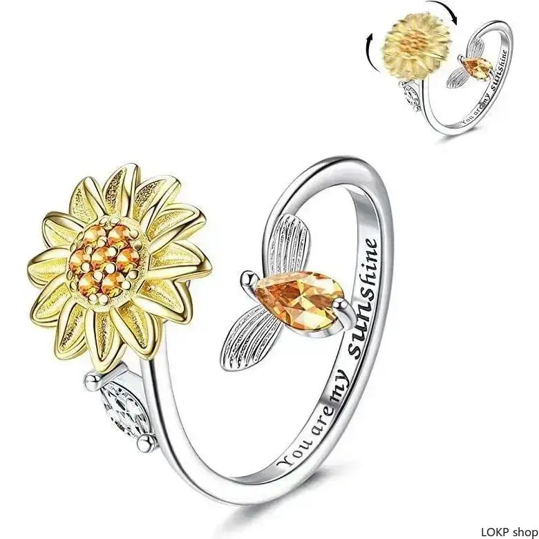 Women’s Minimalist Cute Sunflower Bee Spinner Fidget Ring - Cubic Zirconia Inlaid, Adjustable Band, Metal Coating, Open Rotatable Costume Jewelry, Stress Reliever for Casual Wear, Rotatable Spinner
