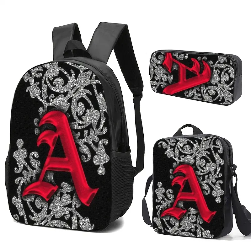 Unisex Glitter Letter 'A' Hazard-Free 3-Piece Large Capacity Oxford Custom Backpack Set - No Wheels, Includes Tote & Pencil Case, Gym Sports Outdoor Accessory Bag for Adults' Daily Use