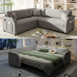 Aobtkel85.1" L-Shaped Sofa Couch with Pull-Out Bed,Oversize Convertible Sleeper Sofa with side Pocket & USB Port,Sherpa Fleece Upholstered Sectional Couches, for Living Room, Apartment, Office,Light Grey    RR, Comfy Couch, Smart Furniture