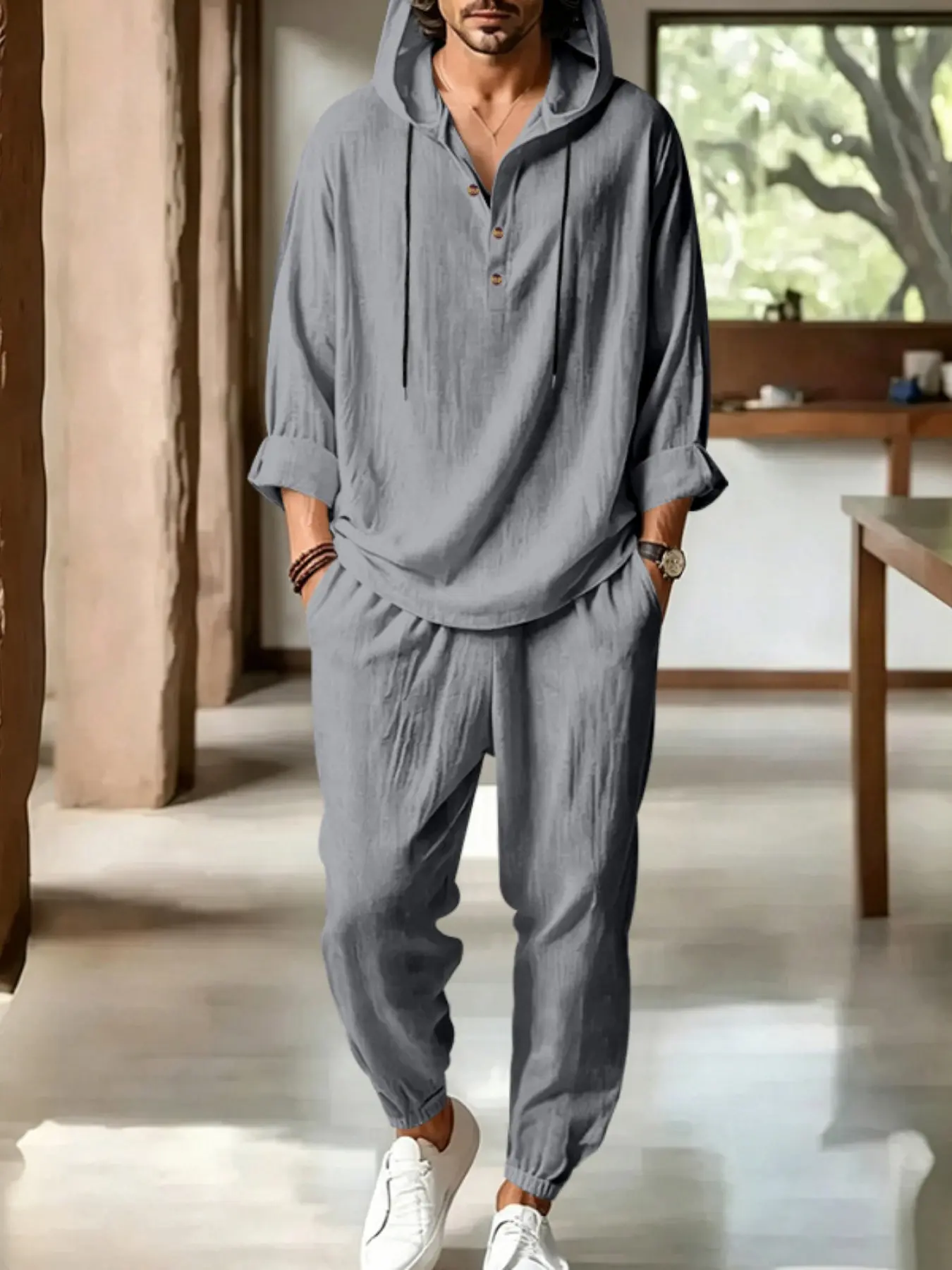 Loose Fit Casual Everyday Linen Home Set, Breathable Hooded Henry Long Sleeve Roll-Up Top + Versatile Wide Leg Pants, Stylish Linen for Comfort, Clothes